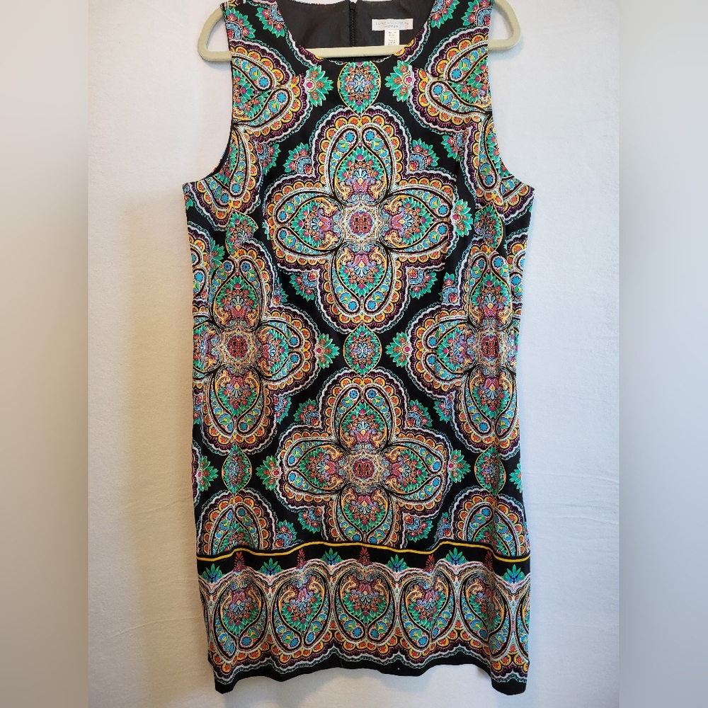 London Times Black Multicolor Medallion Shift Dress Size 18W NWOT